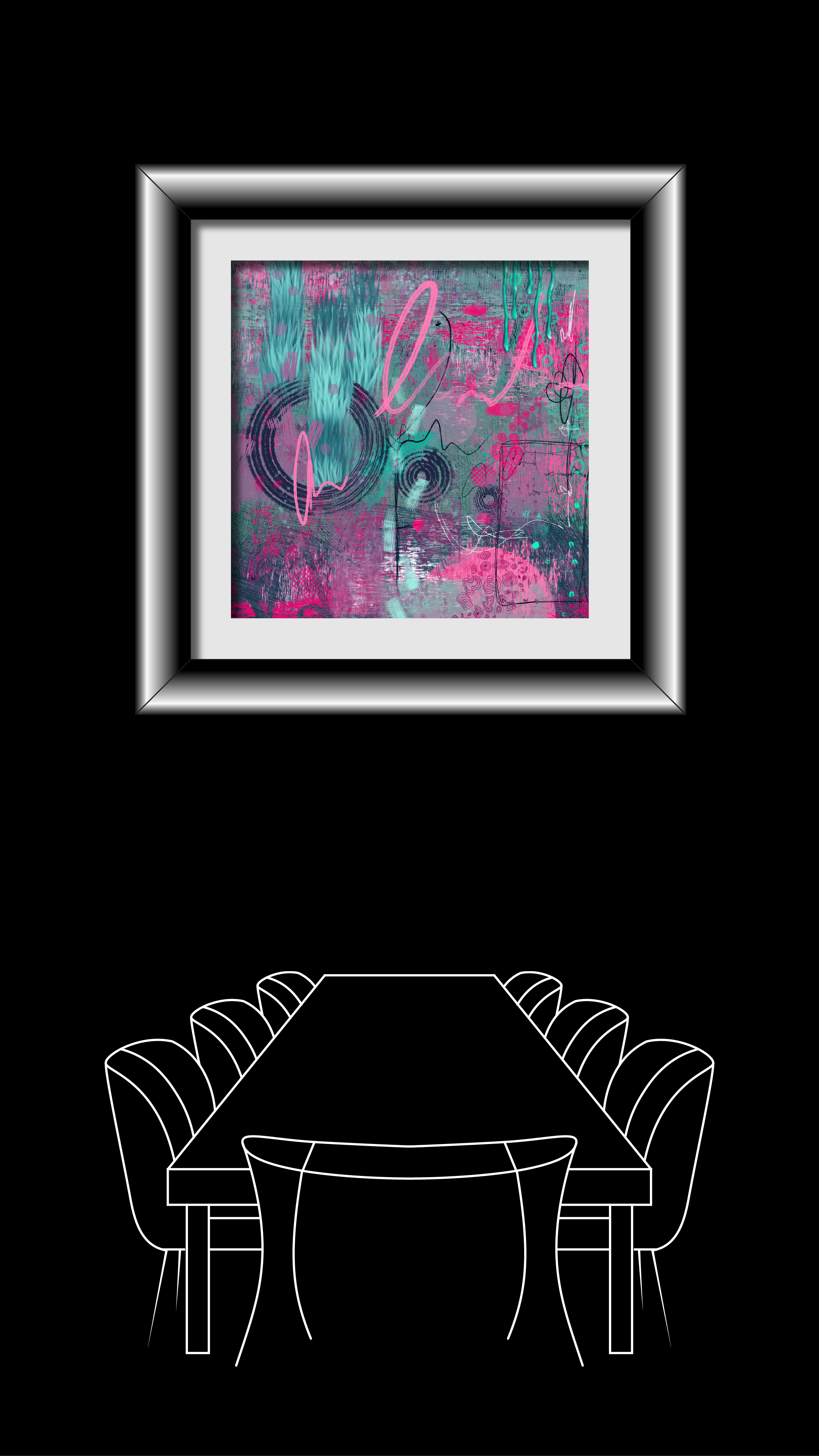 Mockup of a Marie-Claude Asselin artwork show on a wall over a dining table.