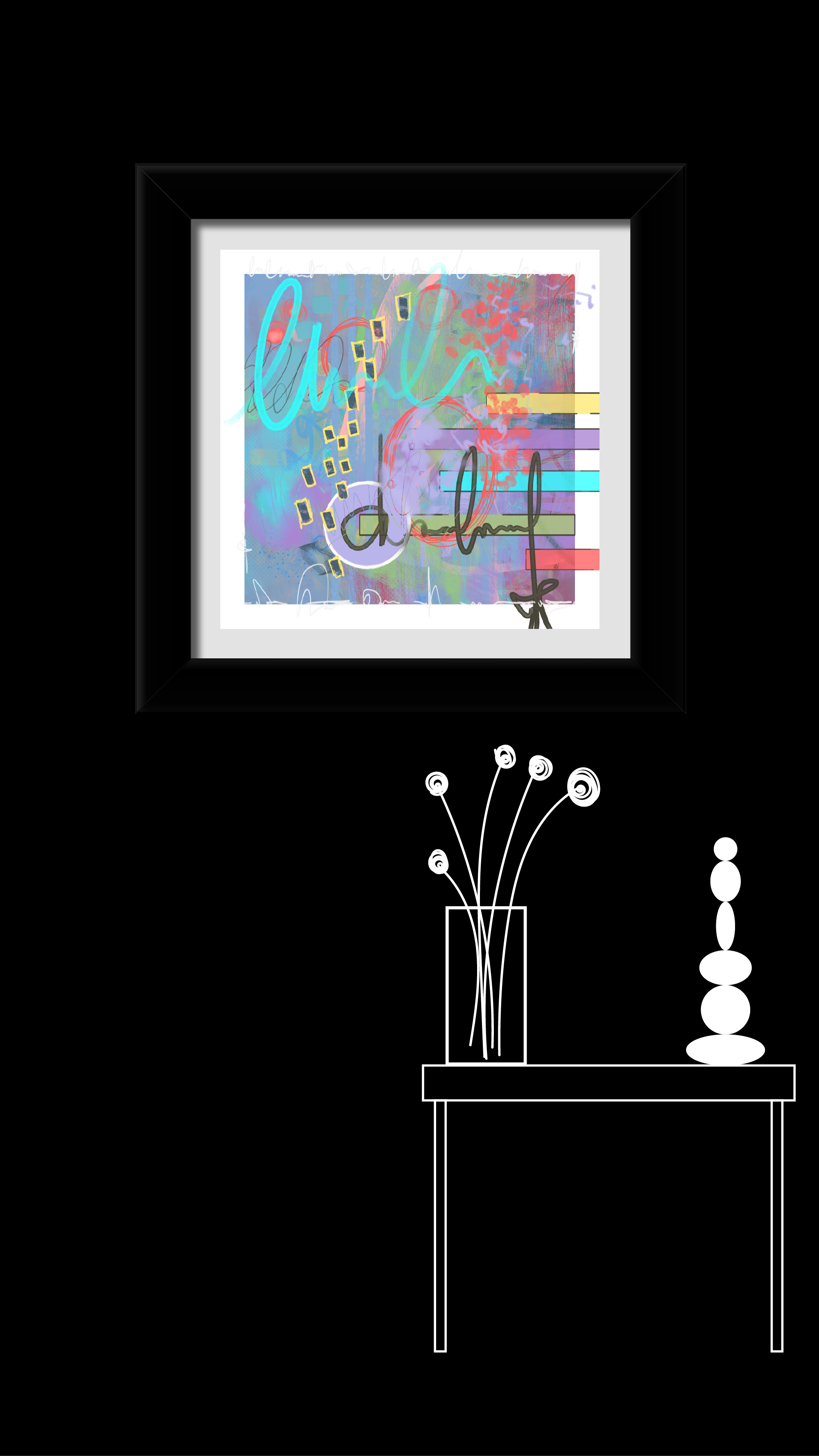 Mockup of a Marie-Claude Asselin artwork show on a wall over a table.