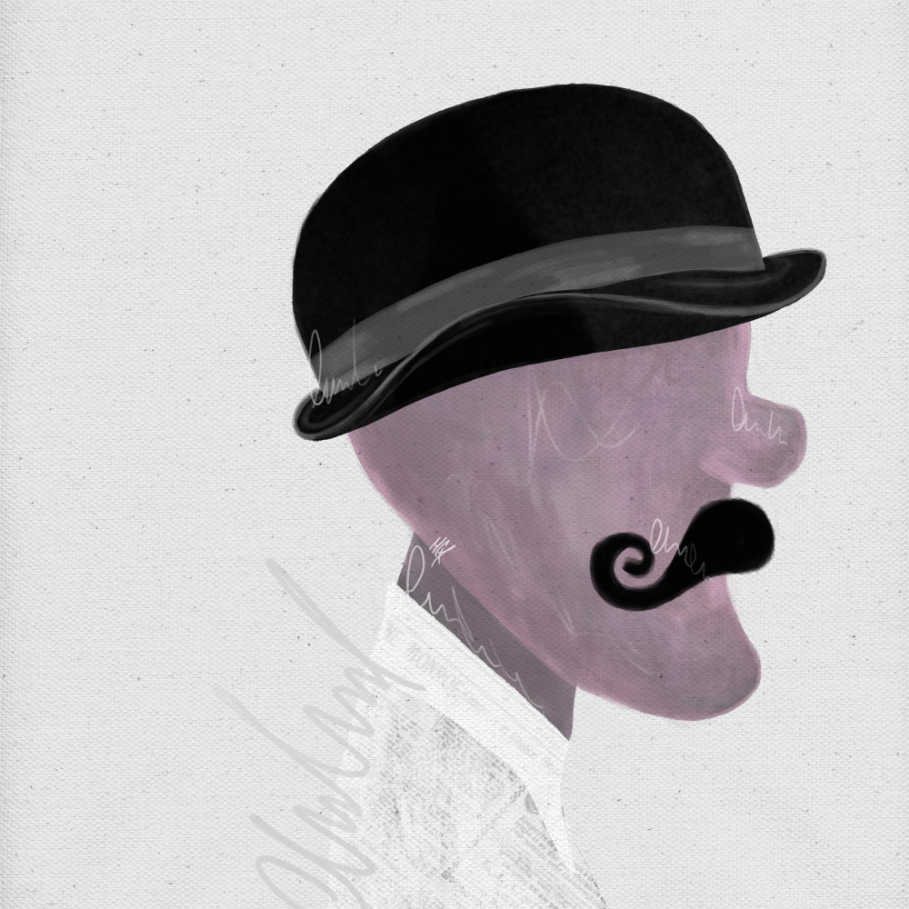 A man proudly wearing a bowler hat and a curly mustache stands proudly to one side. His 1900s newspaper-patterned shirt is the perfect finishing touch to his retro look! His delicate, brownish-pink skin gives him a hint of age, aged by time and sun.