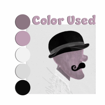 A man proudly wearing a bowler hat and a curly mustache stands proudly to one side. His 1900s newspaper-patterned shirt is the perfect finishing touch to his retro look! His delicate, brownish-pink skin gives him a hint of age, aged by time and sun.
