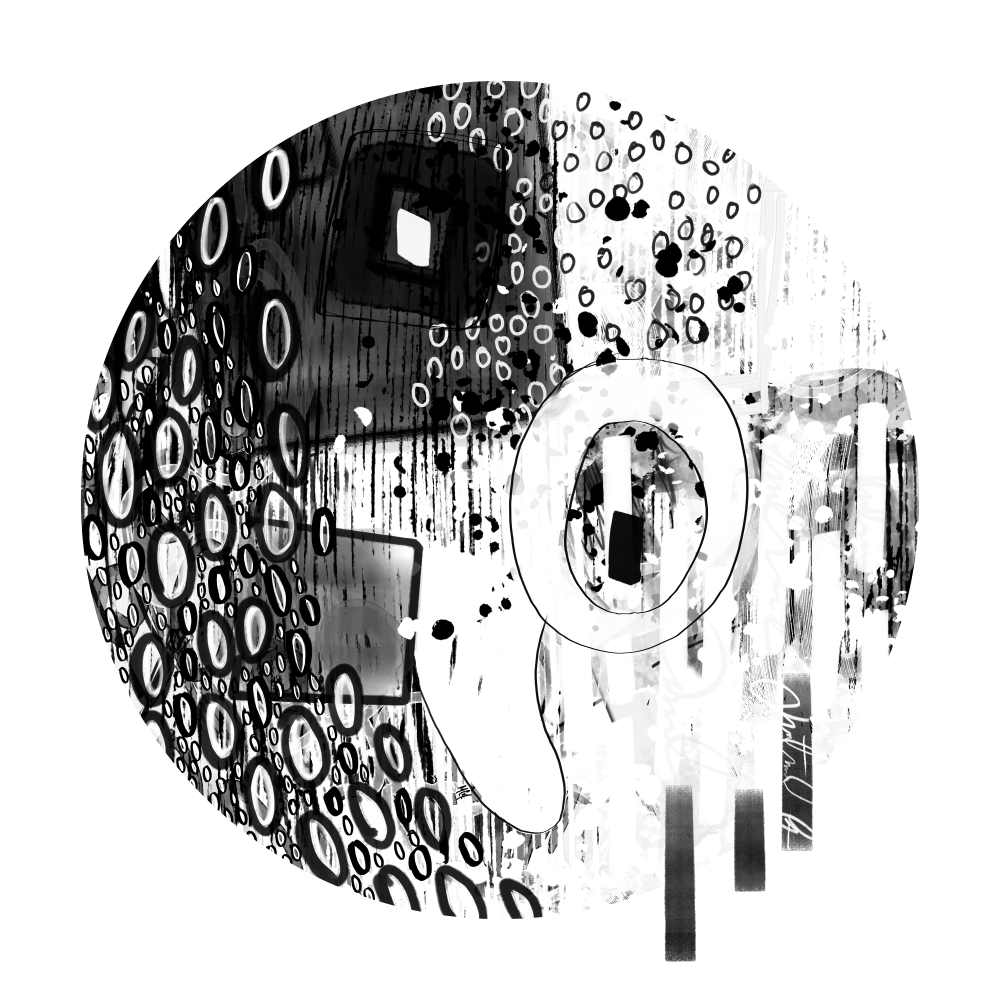 I created this work in black and white, in both order and chaos. A mixture of circles, squares, and lines within a gigantic white circle, which is itself within a huge square. Is it a face or an abstraction? Tell me what you see.