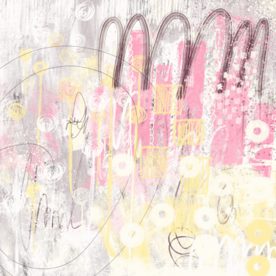 This is a lovely, layered artwork in soft shades of pink and gray. Delicate curves, like gentle hands, weave through the piece, accented by peaceful circles of yellow. The background has a soft, worn quality, as if touched by light and time.