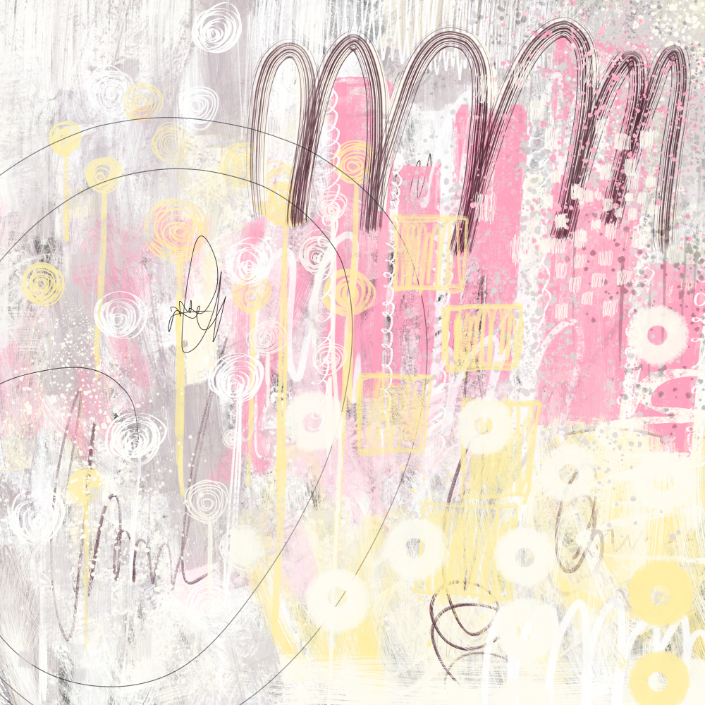 This is a lovely, layered artwork in soft shades of pink and gray. Delicate curves, like gentle hands, weave through the piece, accented by peaceful circles of yellow. The background has a soft, worn quality, as if touched by light and time.