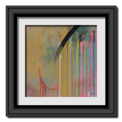 A textured, modern abstract painting. I used layering techniques to enrich the surface, creating significant visual interest and allowing for spontaneous expression through a wide range of vibrant colors. A work full of energy and spontaneity. In a modern black frame.