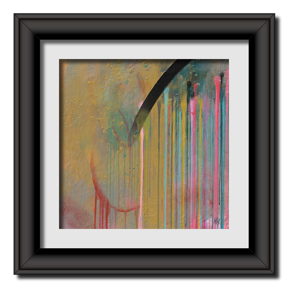A textured, modern abstract painting. I used layering techniques to enrich the surface, creating significant visual interest and allowing for spontaneous expression through a wide range of vibrant colors. A work full of energy and spontaneity. In a modern black frame.