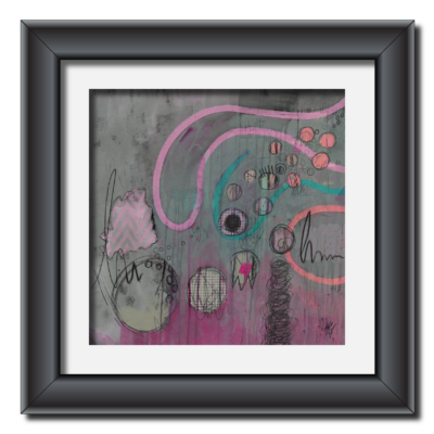 A modern, expressive painting featuring swirling pink lines and circles against a teal-green backdrop. The composition includes scribbled marks, dotted textures, and a distressed, layered feel. In a beautiful black frame.