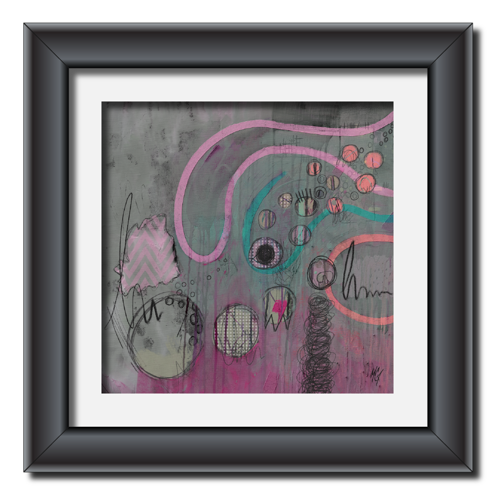 A modern, expressive painting featuring swirling pink lines and circles against a teal-green backdrop. The composition includes scribbled marks, dotted textures, and a distressed, layered feel. In a beautiful black frame.