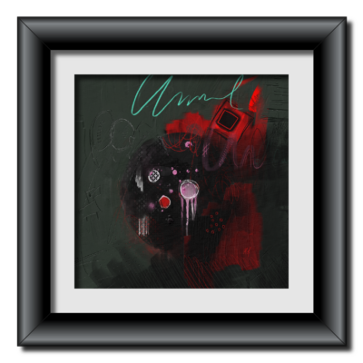 It's an abstract painting with rigid forms that blend with softer, more organic shapes. Bright red, candy pink, and white lines swirl within it, immediately drawing the eye. A touch of turquoise adds a hint of mystery. The worn, scratched background has a unique texture, like wounds; it's like a dream where pain and relief coexist. In a modern metallic black frame.