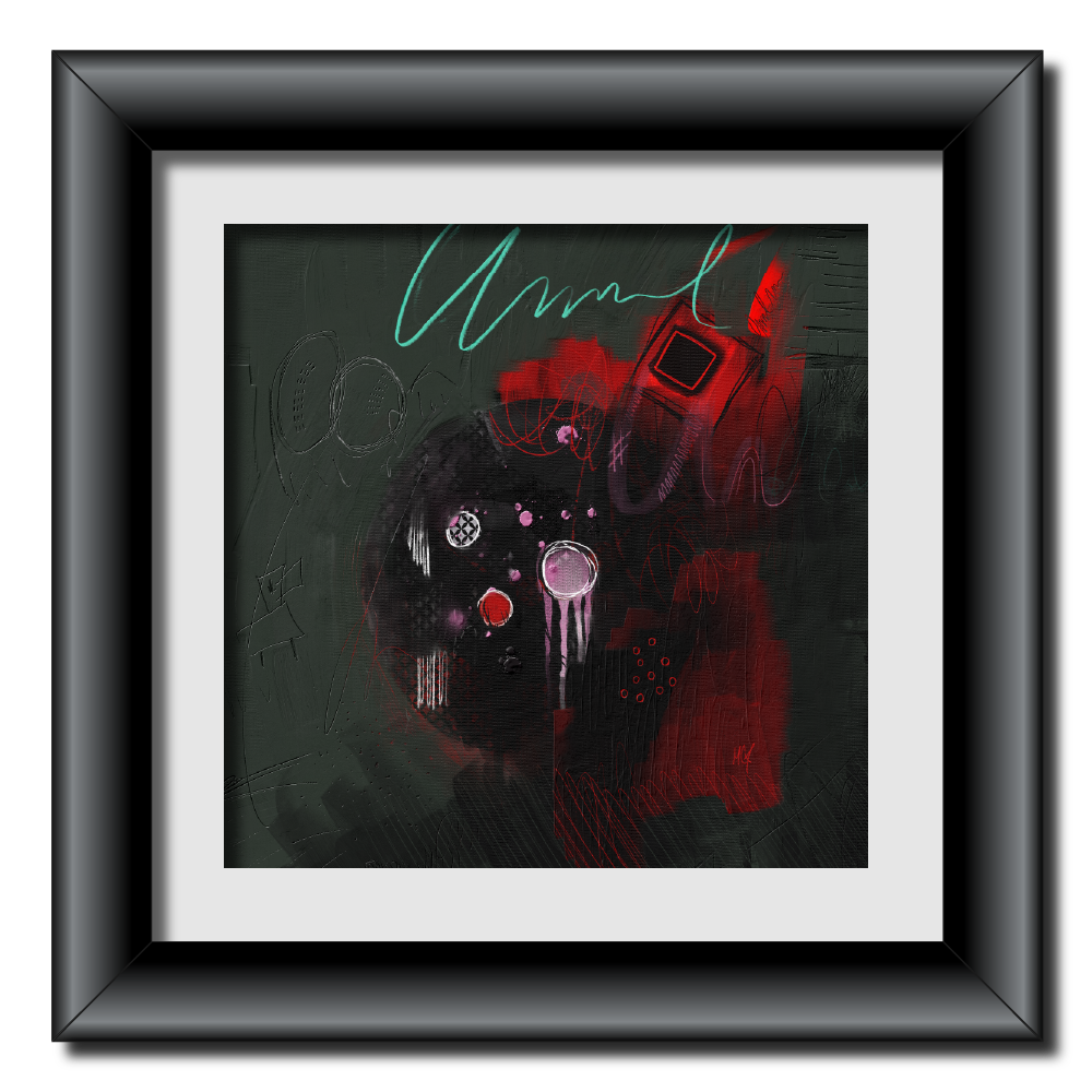 It's an abstract painting with rigid forms that blend with softer, more organic shapes. Bright red, candy pink, and white lines swirl within it, immediately drawing the eye. A touch of turquoise adds a hint of mystery. The worn, scratched background has a unique texture, like wounds; it's like a dream where pain and relief coexist. In a modern metallic black frame.