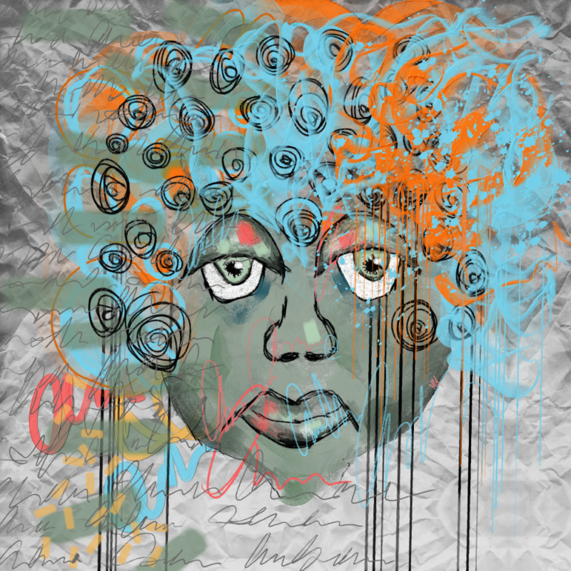 A painting depicts a woman with a disgruntled expression. Her hair is messy and she appears annoyed at waking up early.