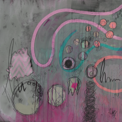 A modern, expressive painting featuring swirling pink lines and circles against a teal-green backdrop. The composition includes scribbled marks, dotted textures, and a distressed, layered feel.