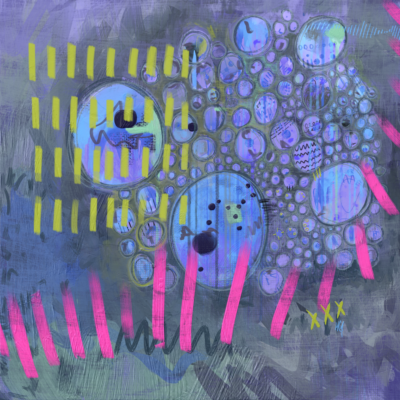 A vibrant abstract artwork featuring a playful arrangement of moss green, blue, and lilac. Intriguing circular shapes are accented with neon green and pink for a joyful and energetic feel.