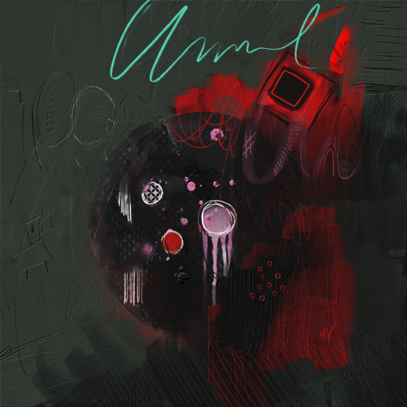 It's an abstract painting with rigid forms that blend with softer, more organic shapes. Bright red, candy pink, and white lines swirl within it, immediately drawing the eye. A touch of turquoise adds a hint of mystery. The worn, scratched background has a unique texture, like wounds; it's like a dream where pain and relief coexist.