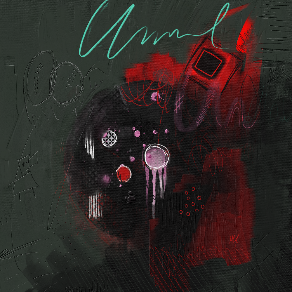 It's an abstract painting with rigid forms that blend with softer, more organic shapes. Bright red, candy pink, and white lines swirl within it, immediately drawing the eye. A touch of turquoise adds a hint of mystery. The worn, scratched background has a unique texture, like wounds; it's like a dream where pain and relief coexist.