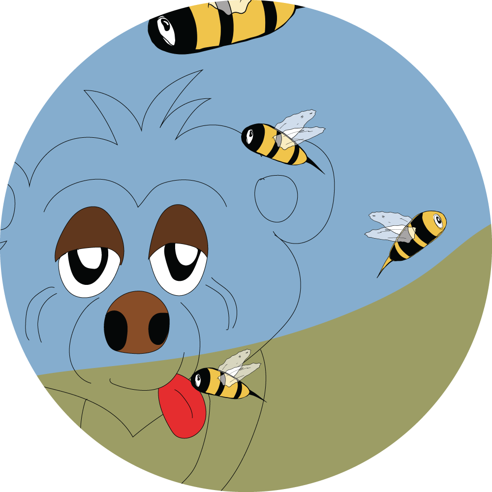 Preview of the book Chant-Pignon by Marie-Claude Asselin. A bear clear, is tongue out and some bumblebees around is him.