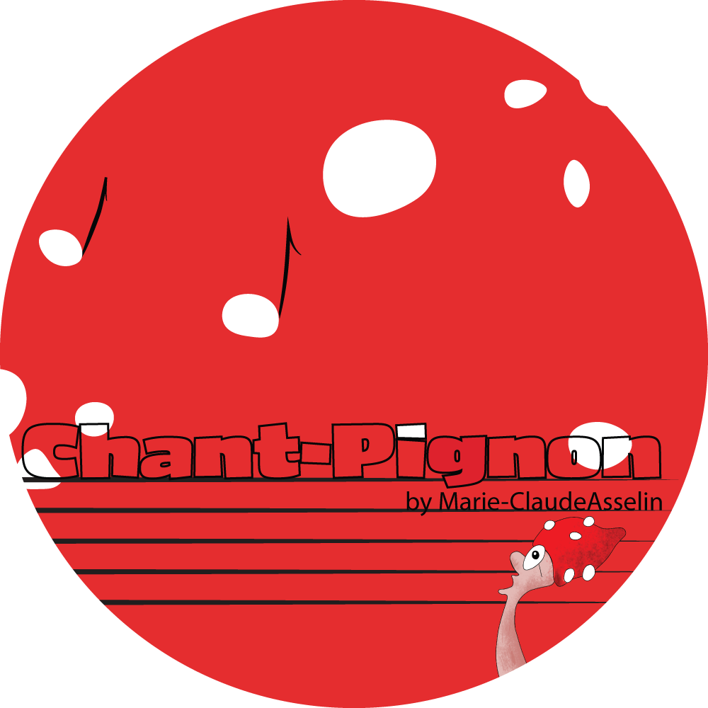 Preview of the book Chant-Pignon by Marie-Claude Asselin. A red page, with a cute mushroom looking upward to the music note flying in the sky.