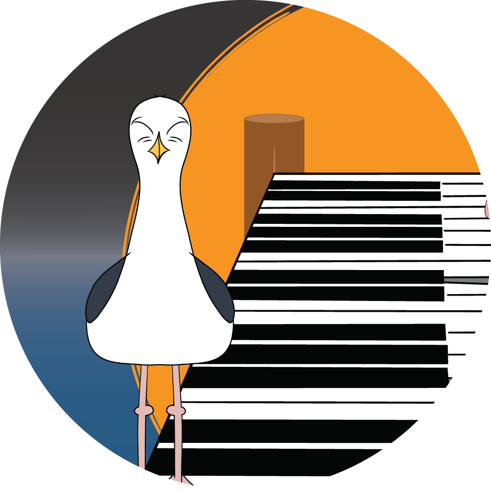 Preview of the book Chant-Pignon by Marie-Claude Asselin. A seagull with eye closes, behind a sunset and a large piano.