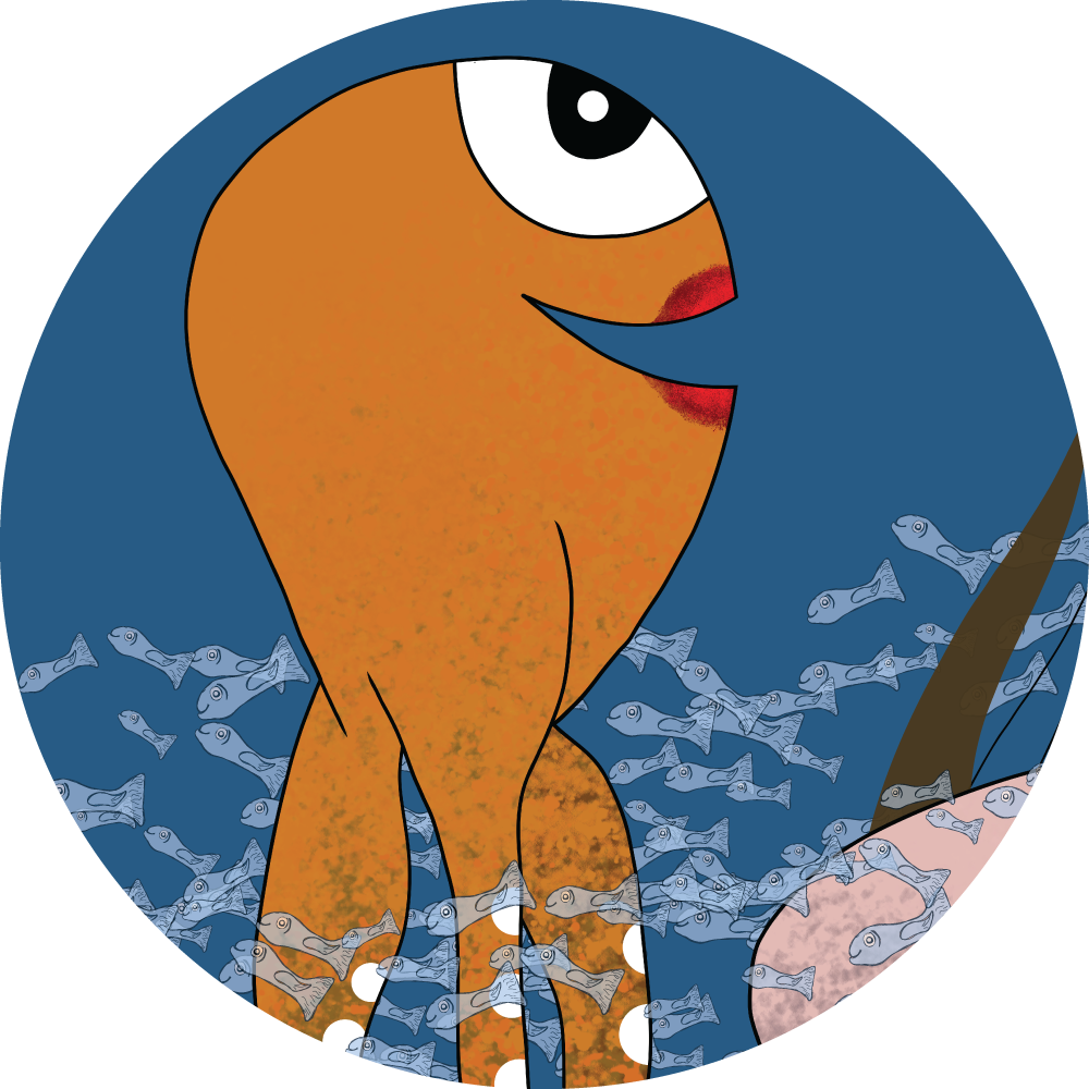 Preview of the book Chant-Pignon by Marie-Claude Asselin. A octopus smilling and a fish school.