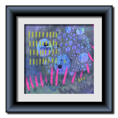 A vibrant abstract artwork featuring a playful arrangement of moss green, blue, and lilac. Intriguing circular shapes are accented with neon green and pink for a joyful and energetic feel. In a blue metallic frame.