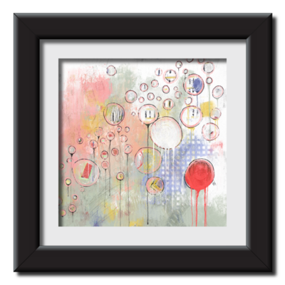 A playful abstract painting that evokes a sense of intricate complexity. Circles dominate the composition, rendered in soft shades of pink, yellow, red, blue, green, and white, with visible texture achieved through mixed media techniques. Fine lines emerge from some of the circles, creating a whimsical effect. A bright red circle, from which paint seems to ooze, draws the eye in the lower right corner, suggesting movement and energy. The overall impression is one of subtle depth and artistic exploration. In a modern black frame.
