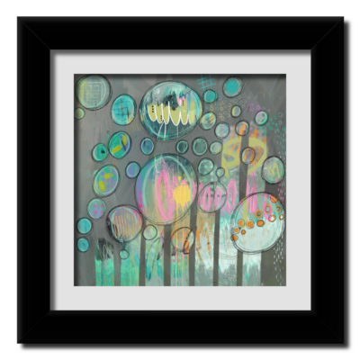 Colorful abstract artwork with numerous overlapping circles of varying sizes. The background is textured gray, with vertical stripes and scattered shapes in teal, yellow, orange, and pink. In a matte, black frame.