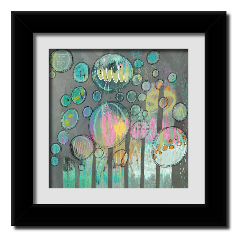 Colorful abstract artwork with numerous overlapping circles of varying sizes. The background is textured gray, with vertical stripes and scattered shapes in teal, yellow, orange, and pink. In a matte, black frame.