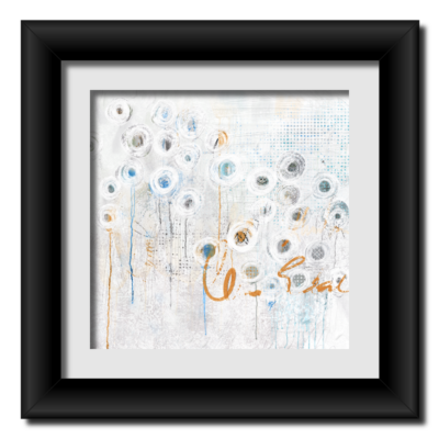 Abstract artwork titled 'Zero Plus Six' featuring circular patterns and vibrant colors, blending geometric forms with fluid lines on a textured white and light gray background. In a black frame.