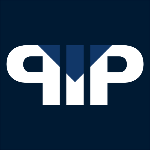 Logo qualIP Software. 3 letters: QIP in white on a dark blue background, a triangle in lighter blue on top, center of the logo.