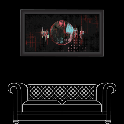 Mockup over a sofa retro. Abstract digital artwork featuring a central circular form with a split color palette&acirc;reddish-pink on the left and cyan on the right&acirc;set against a dark, textured background. Red crosshairs and grid lines intersect the circle and extend outward, while pixelated, glitch-like patterns and faded X-marks appear in the lower right. The composition evokes a sense of data corruption, surveillance, or fragmented technology.