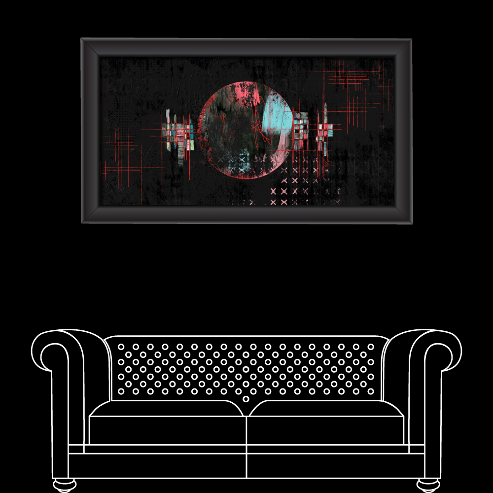 Mockup over a sofa retro. Abstract digital artwork featuring a central circular form with a split color palette&acirc;reddish-pink on the left and cyan on the right&acirc;set against a dark, textured background. Red crosshairs and grid lines intersect the circle and extend outward, while pixelated, glitch-like patterns and faded X-marks appear in the lower right. The composition evokes a sense of data corruption, surveillance, or fragmented technology.