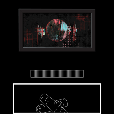 Mockup over a fireplace. Abstract digital artwork featuring a central circular form with a split color palette—reddish-pink on the left and cyan on the right—set against a dark, textured background. Red crosshairs and grid lines intersect the circle and extend outward, while pixelated, glitch-like patterns and faded X-marks appear in the lower right. The composition evokes a sense of data corruption, surveillance, or fragmented technology.