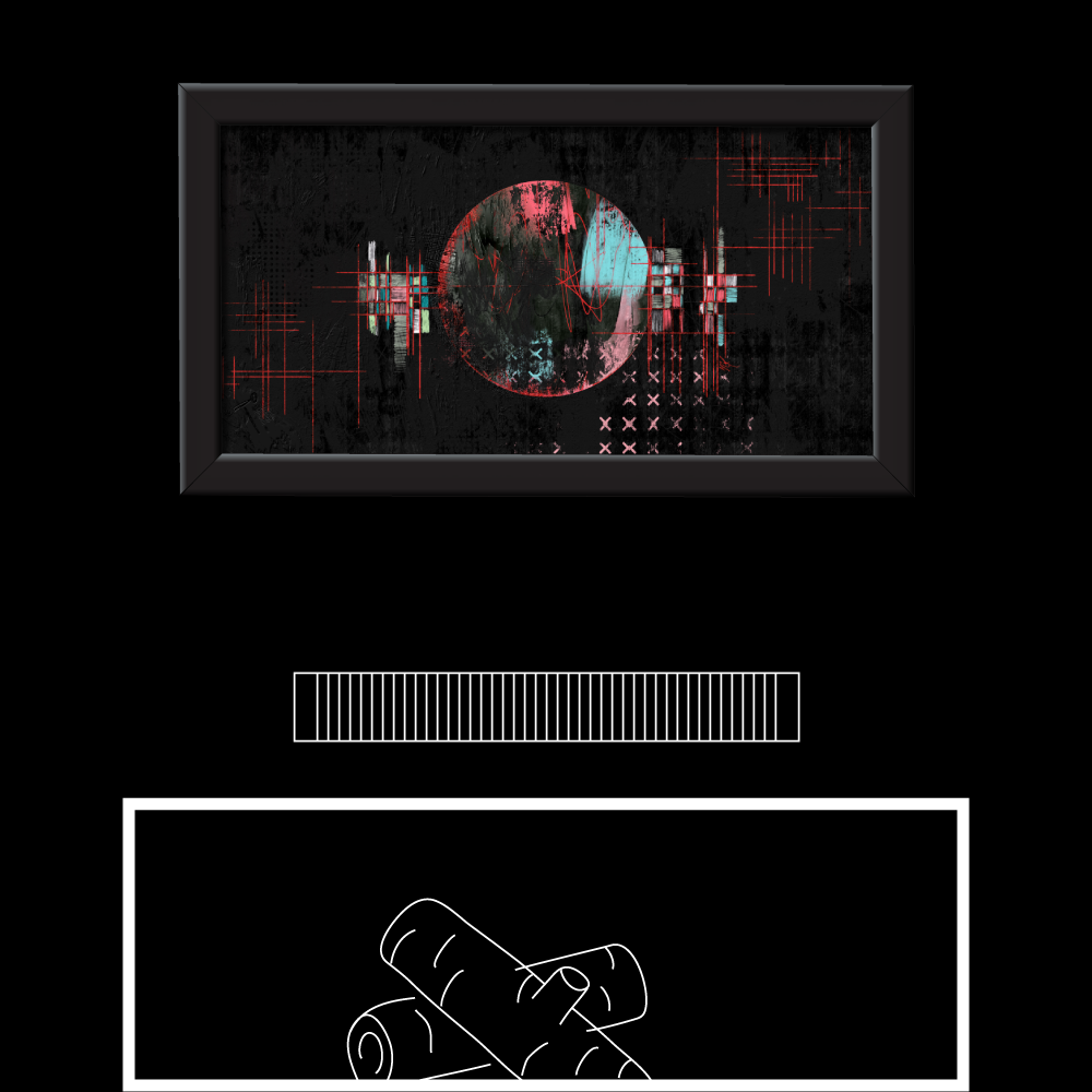 Mockup over a fireplace. Abstract digital artwork featuring a central circular form with a split color palette&acirc;reddish-pink on the left and cyan on the right&acirc;set against a dark, textured background. Red crosshairs and grid lines intersect the circle and extend outward, while pixelated, glitch-like patterns and faded X-marks appear in the lower right. The composition evokes a sense of data corruption, surveillance, or fragmented technology.
