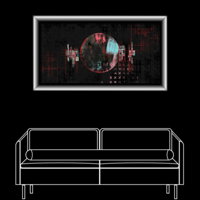 Mockup over a modern sofa. Abstract digital artwork featuring a central circular form with a split color palette—reddish-pink on the left and cyan on the right—set against a dark, textured background. Red crosshairs and grid lines intersect the circle and extend outward, while pixelated, glitch-like patterns and faded X-marks appear in the lower right. The composition evokes a sense of data corruption, surveillance, or fragmented technology.