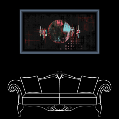Mockup over a Vicotrian sofa. Abstract digital artwork featuring a central circular form with a split color palette—reddish-pink on the left and cyan on the right—set against a dark, textured background. Red crosshairs and grid lines intersect the circle and extend outward, while pixelated, glitch-like patterns and faded X-marks appear in the lower right. The composition evokes a sense of data corruption, surveillance, or fragmented technology.