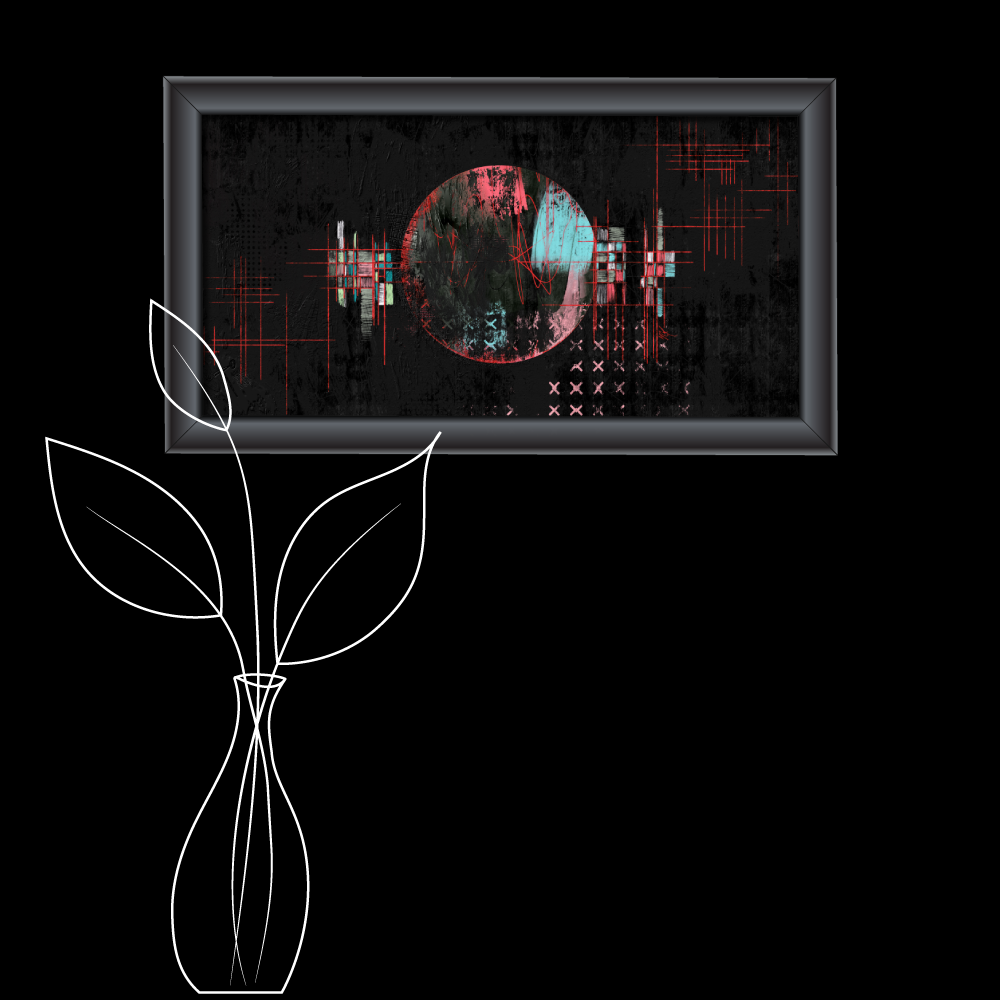 Mockup over a large flower vase. Abstract digital artwork featuring a central circular form with a split color paletteâreddish-pink on the left and cyan on the rightâset against a dark, textured background. Red crosshairs and grid lines intersect the circle and extend outward, while pixelated, glitch-like patterns and faded X-marks appear in the lower right. The composition evokes a sense of data corruption, surveillance, or fragmented technology.