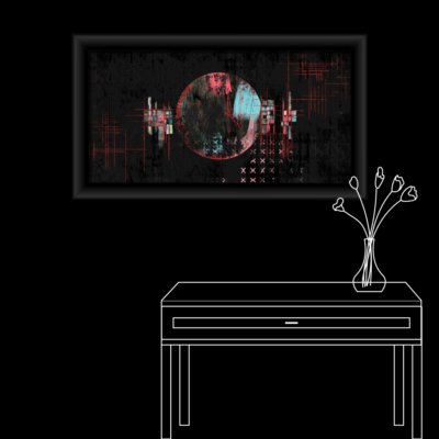 Mockup over a table. Abstract digital artwork featuring a central circular form with a split color palette—reddish-pink on the left and cyan on the right—set against a dark, textured background. Red crosshairs and grid lines intersect the circle and extend outward, while pixelated, glitch-like patterns and faded X-marks appear in the lower right. The composition evokes a sense of data corruption, surveillance, or fragmented technology.