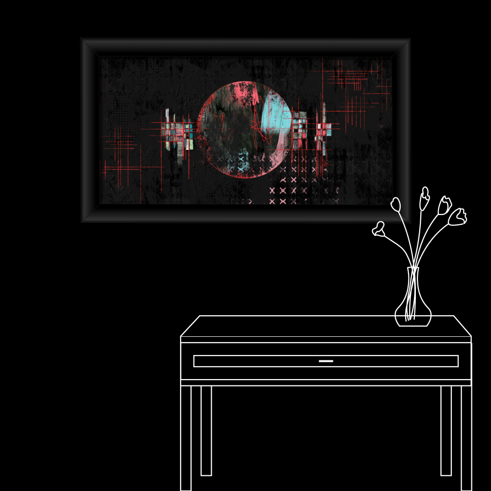 Mockup over a table. Abstract digital artwork featuring a central circular form with a split color palette&acirc;reddish-pink on the left and cyan on the right&acirc;set against a dark, textured background. Red crosshairs and grid lines intersect the circle and extend outward, while pixelated, glitch-like patterns and faded X-marks appear in the lower right. The composition evokes a sense of data corruption, surveillance, or fragmented technology.