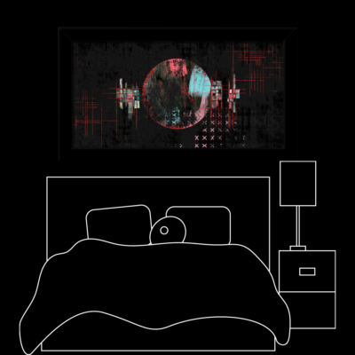 Mockup over a bed. Abstract digital artwork featuring a central circular form with a split color palette—reddish-pink on the left and cyan on the right—set against a dark, textured background. Red crosshairs and grid lines intersect the circle and extend outward, while pixelated, glitch-like patterns and faded X-marks appear in the lower right. The composition evokes a sense of data corruption, surveillance, or fragmented technology.