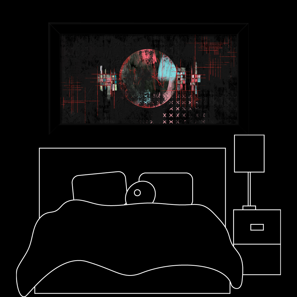 Mockup over a bed. Abstract digital artwork featuring a central circular form with a split color palette&acirc;reddish-pink on the left and cyan on the right&acirc;set against a dark, textured background. Red crosshairs and grid lines intersect the circle and extend outward, while pixelated, glitch-like patterns and faded X-marks appear in the lower right. The composition evokes a sense of data corruption, surveillance, or fragmented technology.