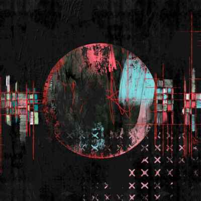 Abstract digital artwork featuring a central circular form with a split color palette&acirc;reddish-pink on the left and cyan on the right&acirc;set against a dark, textured background. Red crosshairs and grid lines intersect the circle and extend outward, while pixelated, glitch-like patterns and faded X-marks appear in the lower right. The composition evokes a sense of data corruption, surveillance, or fragmented technology.