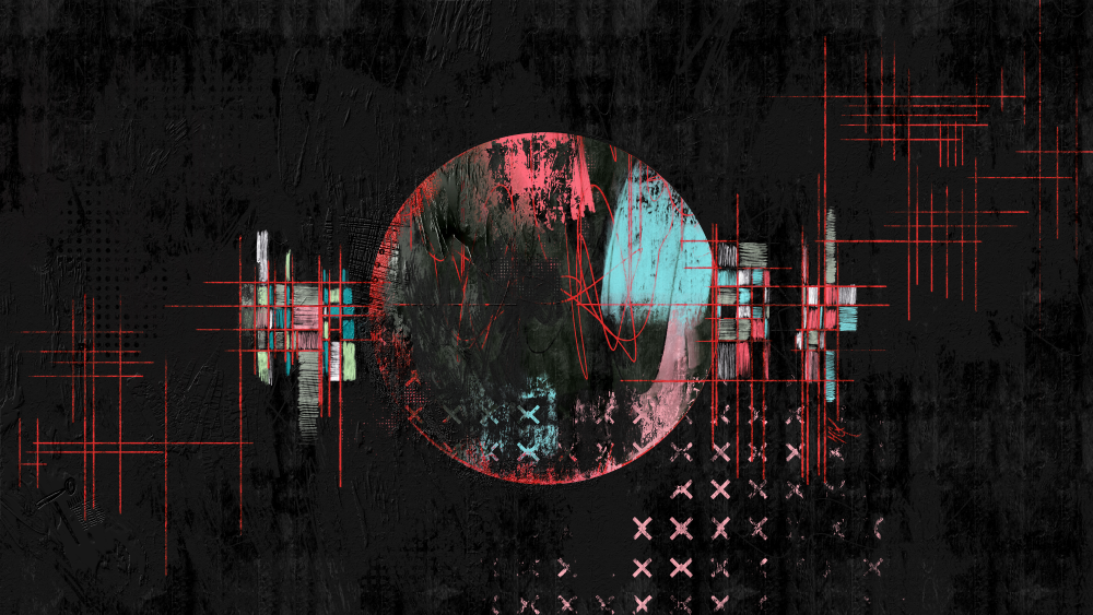 Abstract digital artwork featuring a central circular form with a split color paletteâreddish-pink on the left and cyan on the rightâset against a dark, textured background. Red crosshairs and grid lines intersect the circle and extend outward, while pixelated, glitch-like patterns and faded X-marks appear in the lower right. The composition evokes a sense of data corruption, surveillance, or fragmented technology.