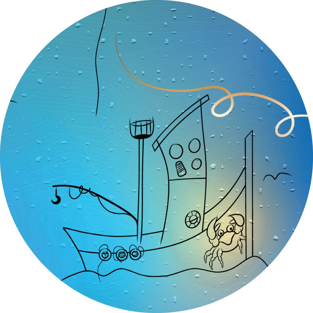 Preview of the book The Lost Pendant by Marie-Claude Asselin. A boat, fishing boat, drawn with a crab on his side.