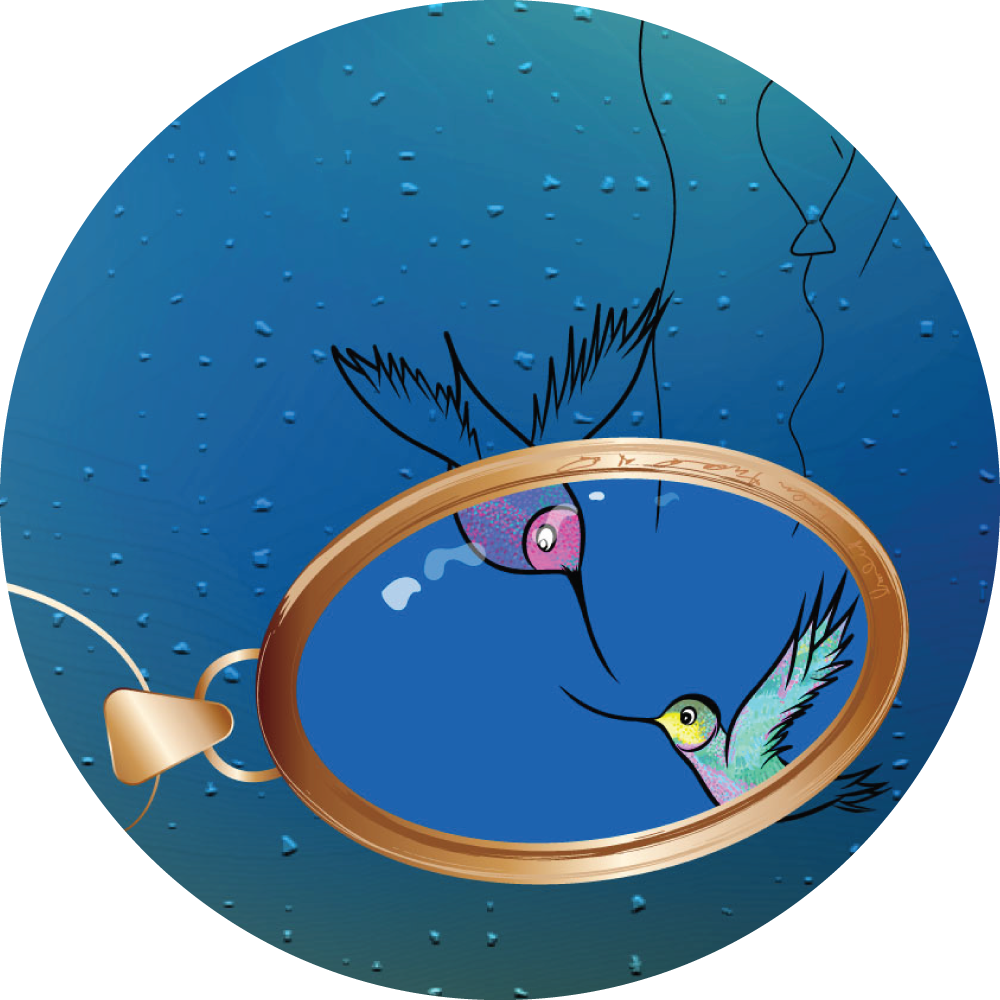 Preview of the book The Lost Pendant by Marie-Claude Asselin. A pendant falling, whe can see 2 hummingbirds full of colors are see inside the pendant.