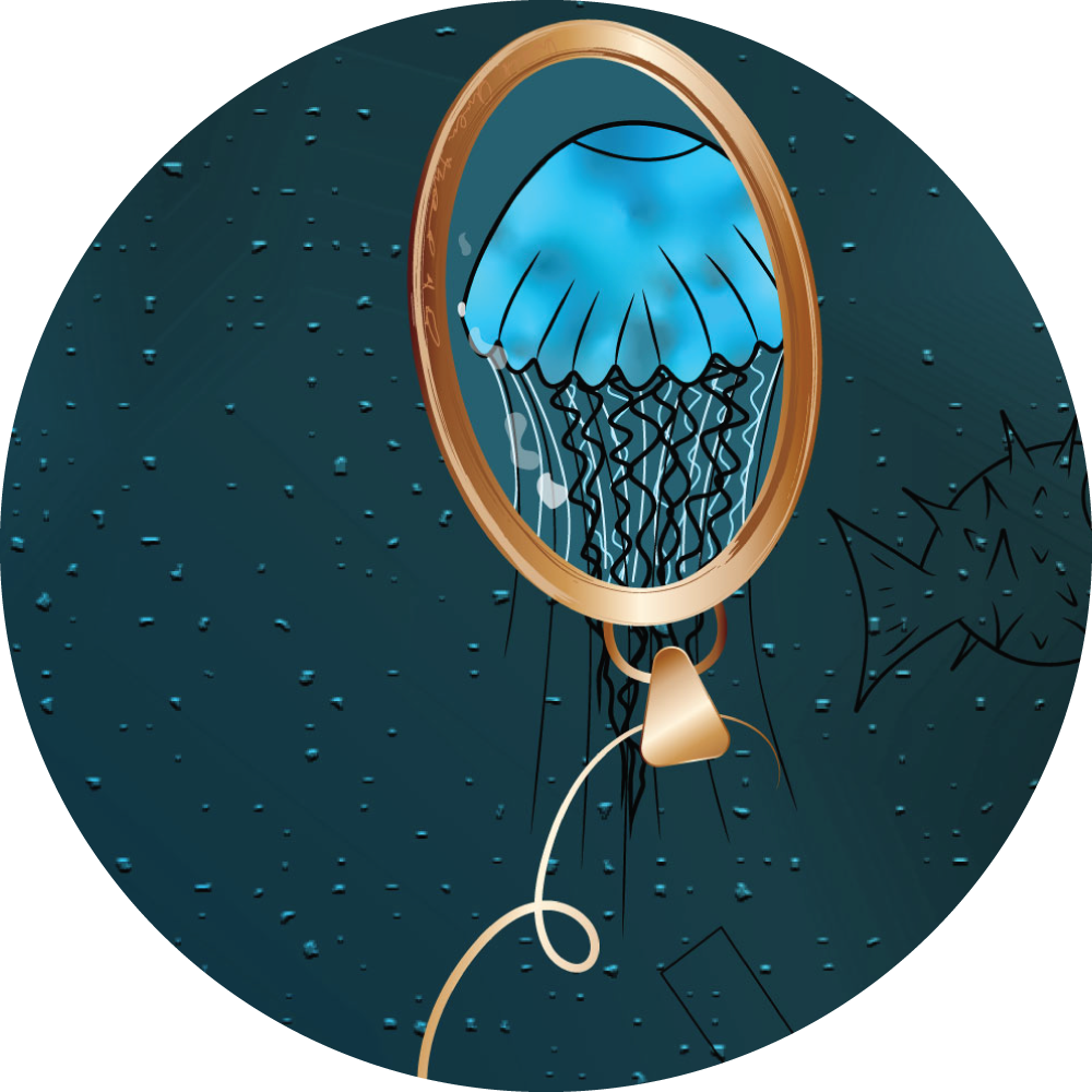 Preview of the book The Lost Pendant by Marie-Claude Asselin. A jellyfish, with a vivid blue inside a gold pendants.