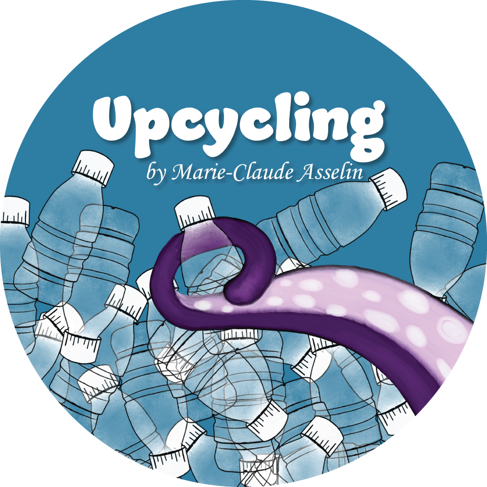 Preview of the book Upcycling by Marie-Claude Asselin. An octopus hand grabbing an empty water bottle.