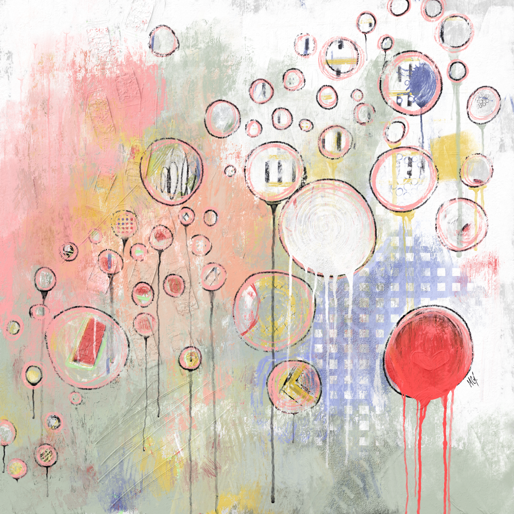 A playful abstract painting that evokes a sense of intricate complexity. Circles dominate the composition, rendered in soft shades of pink, yellow, red, blue, green, and white, with visible texture achieved through mixed media techniques. Fine lines emerge from some of the circles, creating a whimsical effect. A bright red circle, from which paint seems to ooze, draws the eye in the lower right corner, suggesting movement and energy. The overall impression is one of subtle depth and artistic exploration.