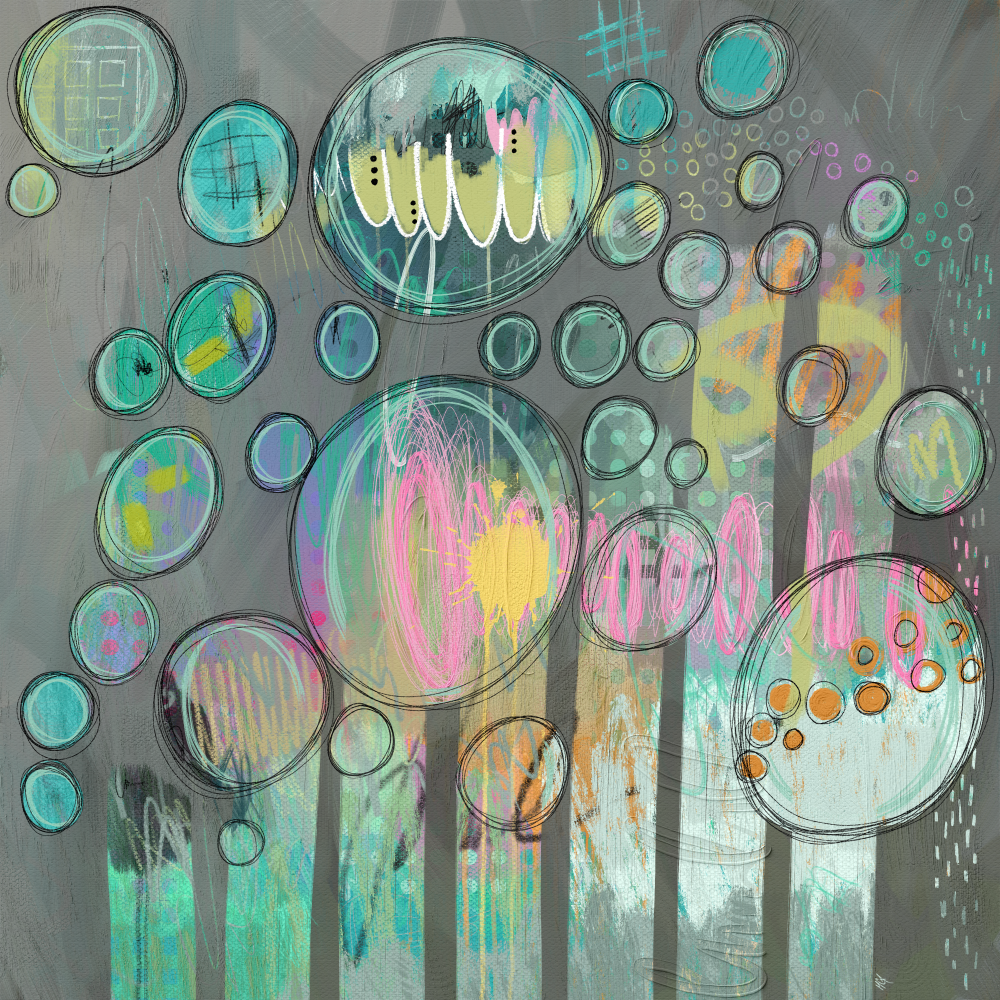 Colorful abstract artwork with numerous overlapping circles of varying sizes. The background is textured gray, with vertical stripes and scattered shapes in teal, yellow, orange, and pink.