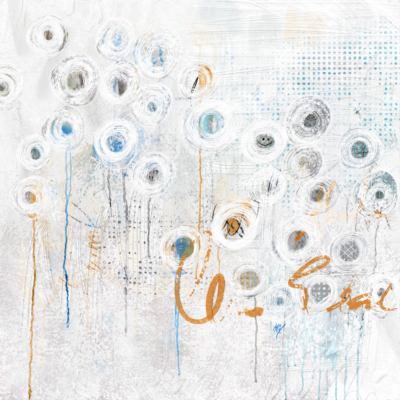 Abstract artwork titled 'Zero Plus Six' featuring circular patterns and vibrant colors, blending geometric forms with fluid lines on a textured white and light gray background.