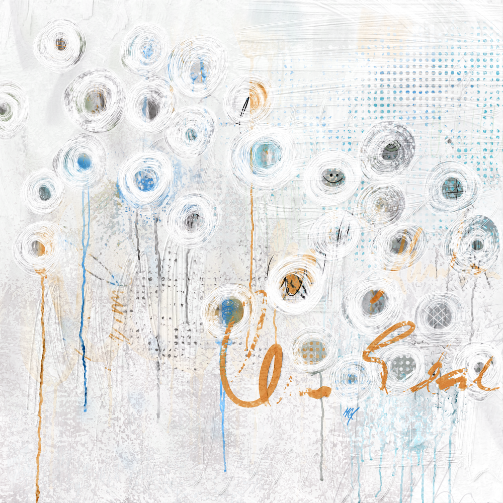 Abstract artwork titled 'Zero Plus Six' featuring circular patterns and vibrant colors, blending geometric forms with fluid lines on a textured white and light gray background.