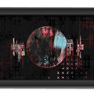 A framed abstract digital artwork featuring a central circular form with a split color palette—reddish-pink on the left and cyan on the right—set against a dark, textured background. Red crosshairs and grid lines intersect the circle and extend outward, while pixelated, glitch-like patterns and faded X-marks appear in the lower right. The composition evokes a sense of data corruption, surveillance, or fragmented technology.